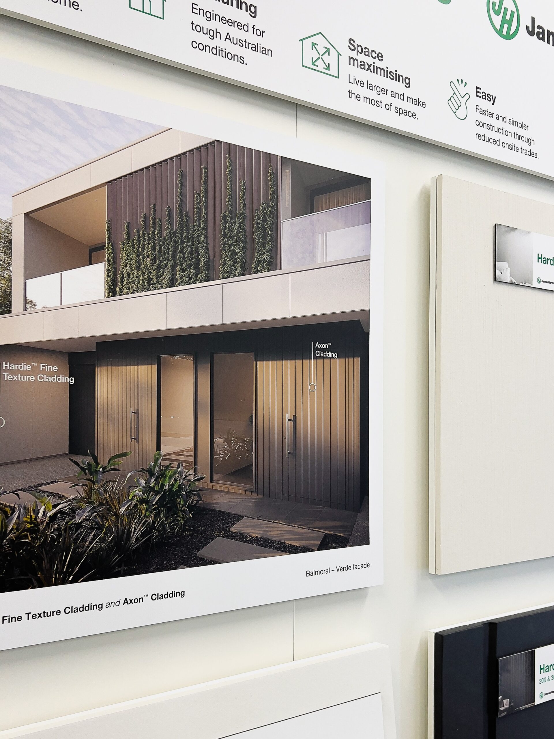James Hardie showroom display featuring Balmoral’s box modern façade and material samples, highlighting how Australian home design trends combine architectural style with durable cladding solutions.